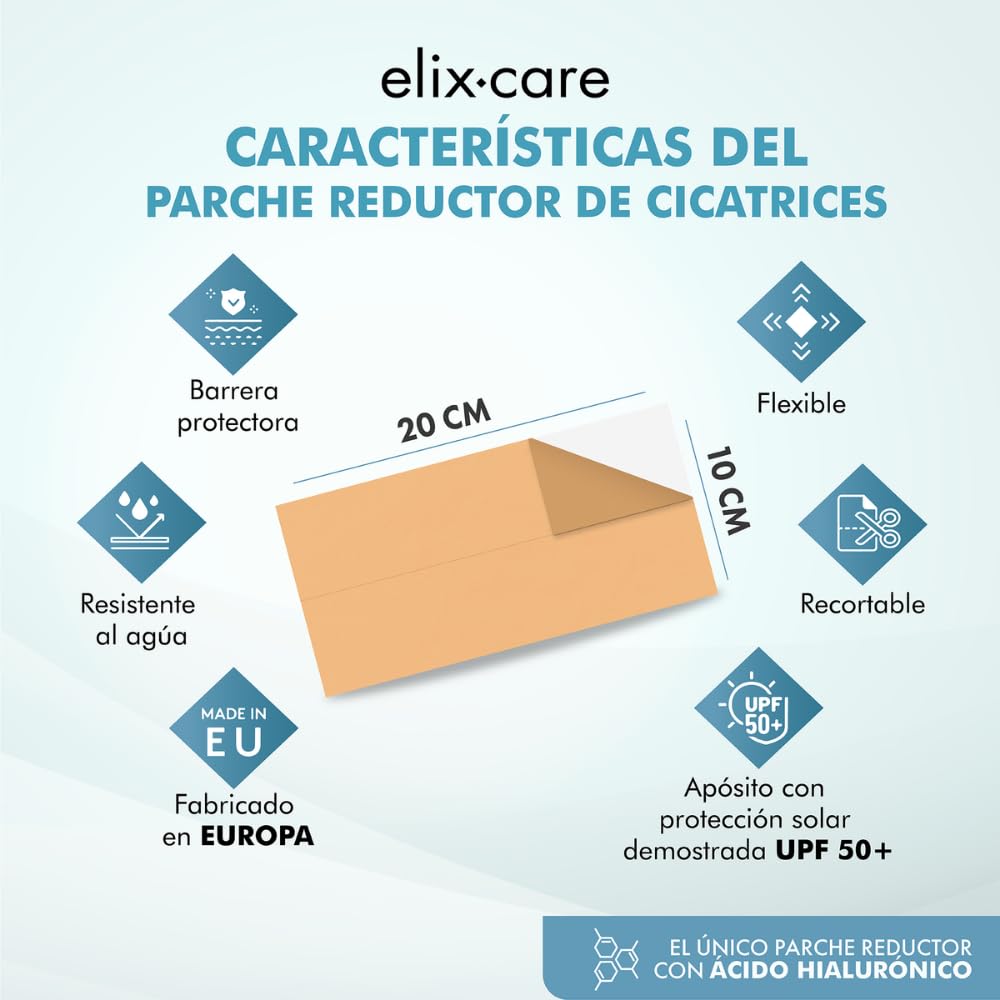 Plastry elix·care z kwasem hialuronowym, 4 szt. 20x10 cm – na blizny po operacjach, cesarce, tarczycy – zapobiegają bliznowcom, UPF50, do przycięcia