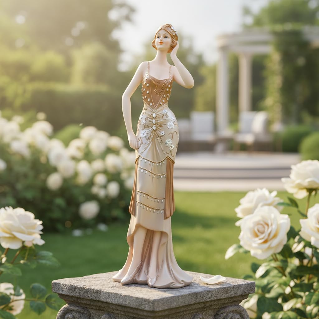 Comfy Hour 13" Glamour Elegance Art Deco Lady Figurine, Elegant Standing Woman Statue in Shimmering Gold and Tan Gown, Roaring 20s Style Desktop Decor Accent, 1 Unit