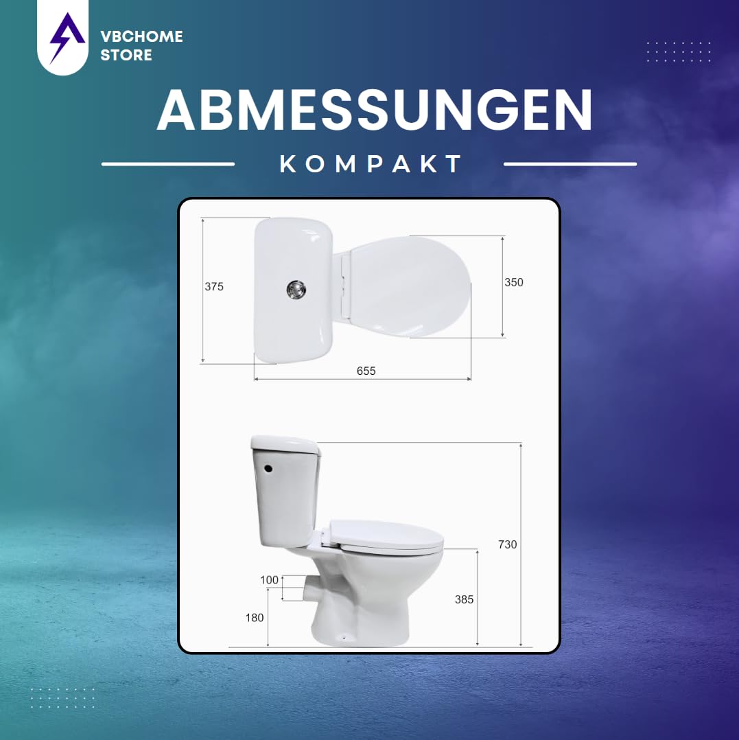 VBChome Stand- WC Toilette Keramik Komplett Set mit Spülkasten WC- Sitz aus Polypropylen mit Absenkautomatik SoftClose-Funktion Abgang Waagerecht WC Spülrandloses Hygienisch Ästhetisch