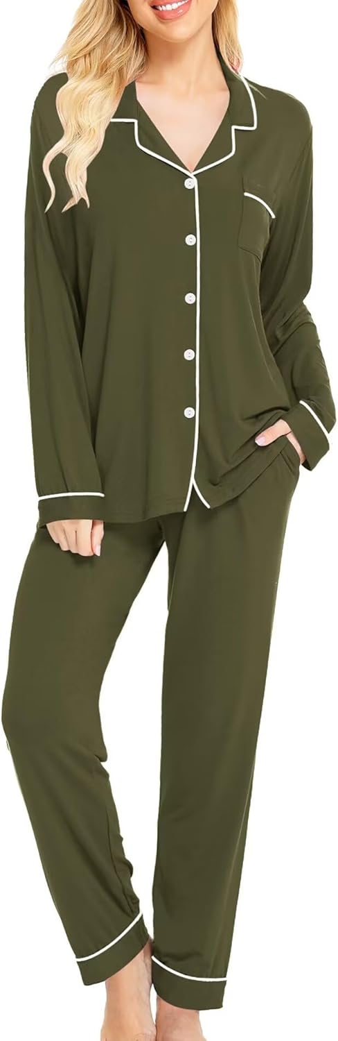 SWOMOG Womens Pajamas Set Long Sleeve Sleepwear Button Down Nightwear Soft Cotton Pj Lounge Sets