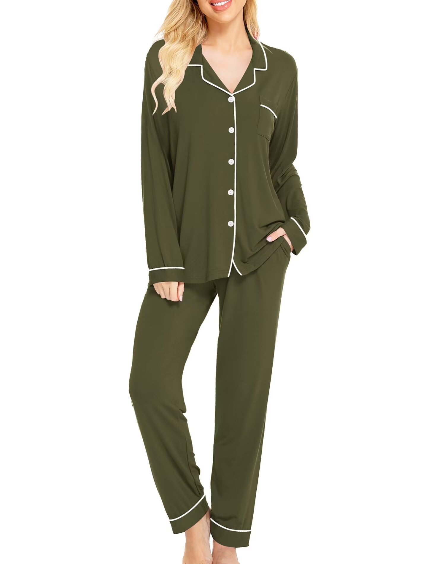 SWOMOG Womens Pajamas Set Long Sleeve Sleepwear Button Down Nightwear ...