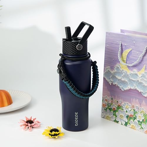 Miniatura 6 de BJPKPK Botellas de agua aisladas con tapa con pajilla, botella de agua de metal de 35 onzas con 2 tapas y correa de paracaídas, vaso de acero