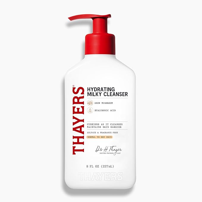 THAYERS Milky Hydrating Face Cleanser with Snow Mushroom Tremella and Hyaluronic Acid, Dermatologist Recommended Gentle Facial Wash, Hydrating Skincare for Dry, Sensitive Skin, Paraben Free, 8 Fl Oz