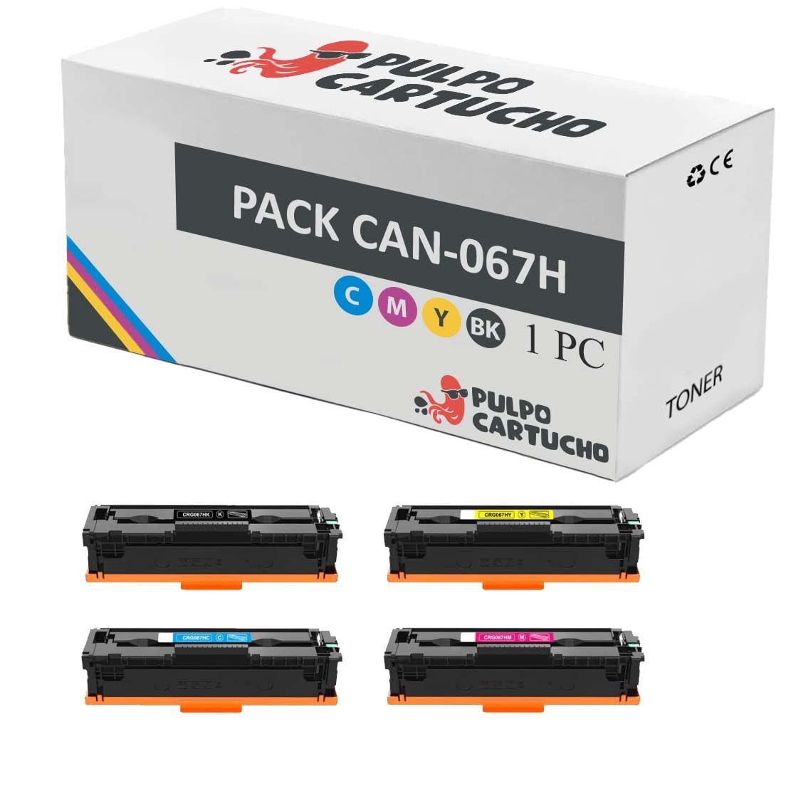 Pulpo Cartucho - Pack 4 Toner Genérico CRG067H / 067H Compatible con Canon Ref. 5106C002 / 5105C002 / 5104C002 / 5103C002 - para Impresoras i-SENSYS LBP631Cw, LBP633Cdw, MF651Cw, MF655Cdw, MF657Cdw