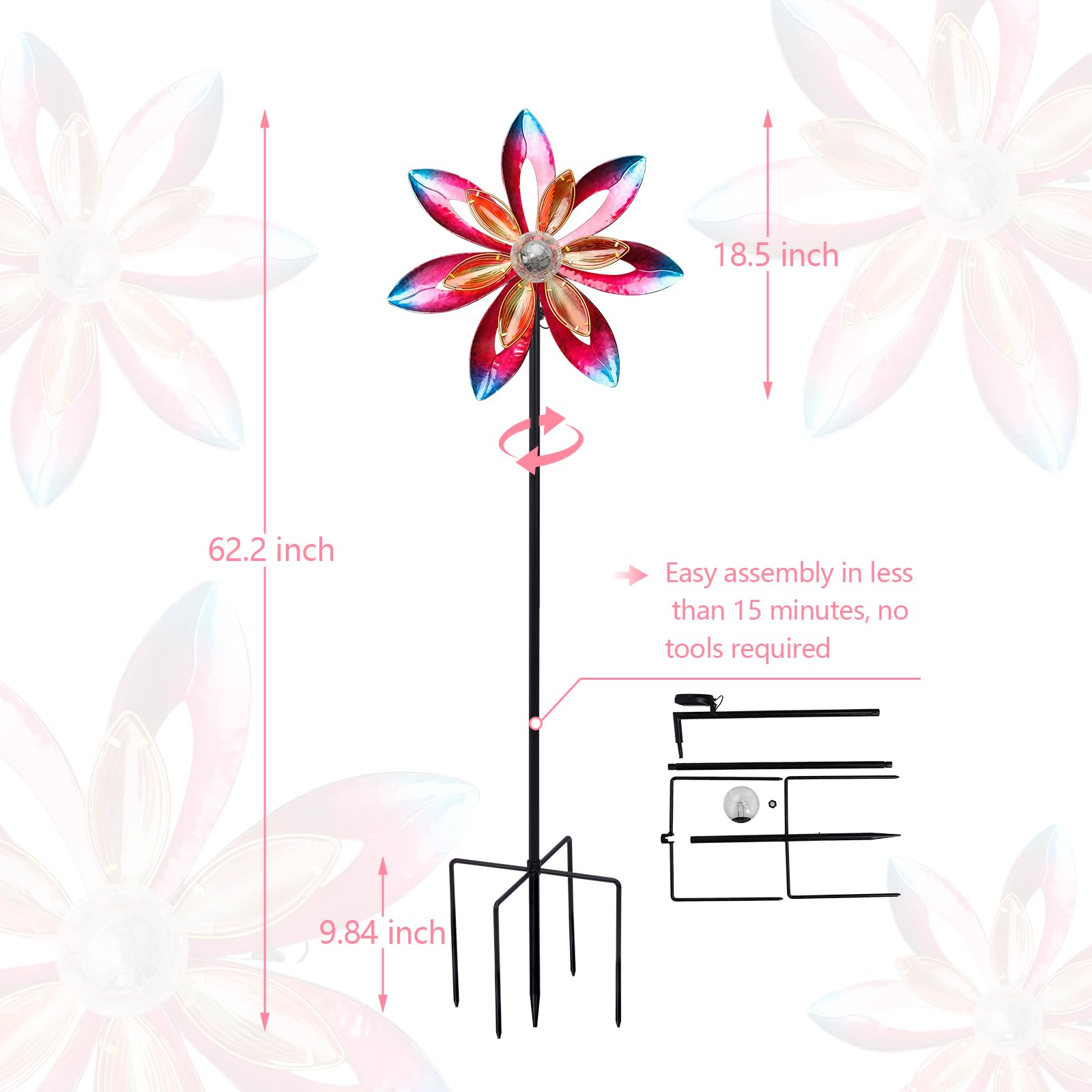 MUMTOP Molinillo de viento para exteriores, grande, 157,5 cm, metal LED, esculturas solares de viento, molino de viento para arte de patio, decoración de jardín