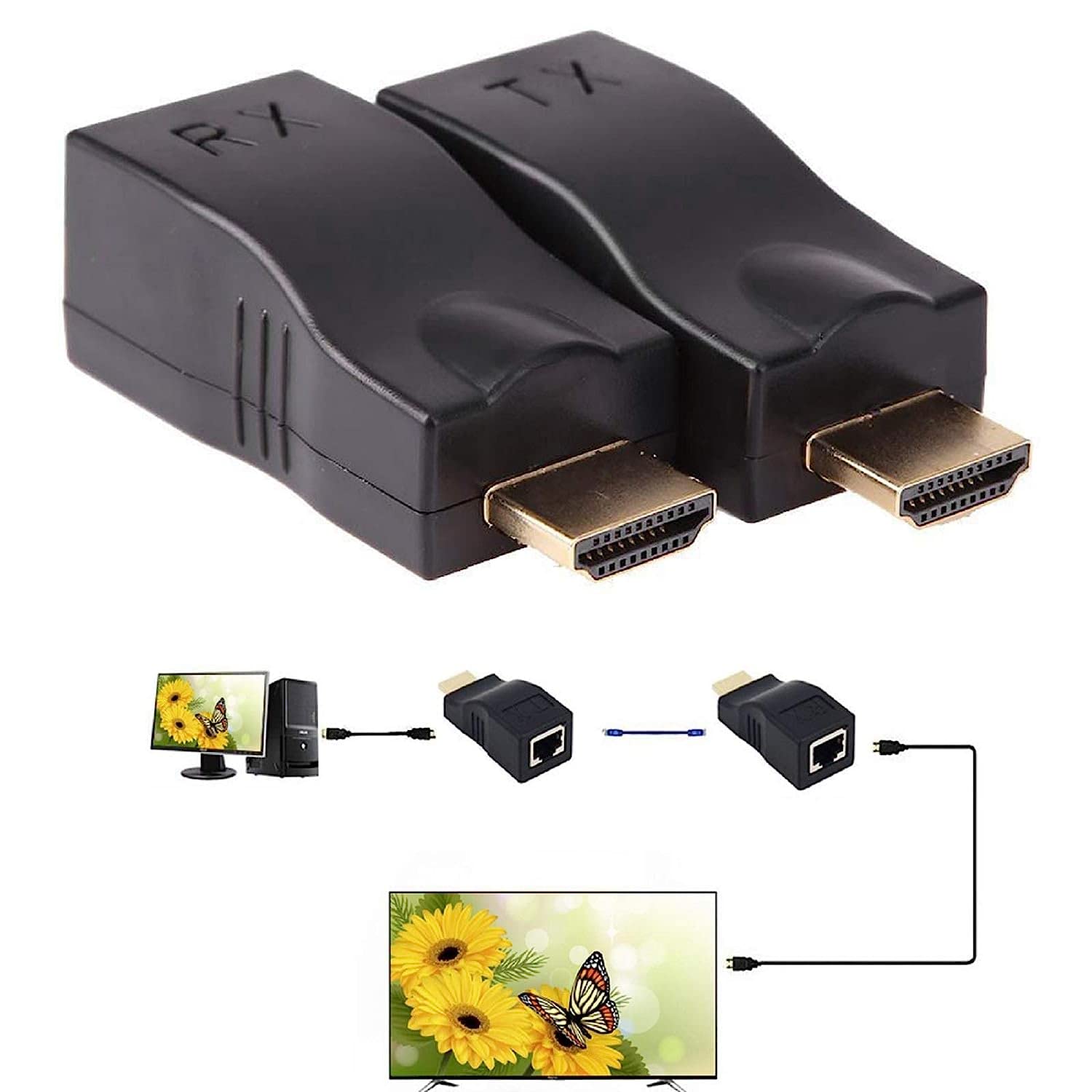 atdaraz HDMI Extender 1080P 30M HDMI to RJ45 Network Cable Extender Converter Adapter Support HDCP Over by Cat5-e/6 Cable Splitter for HDTV HDPC PS4 STB-image-45