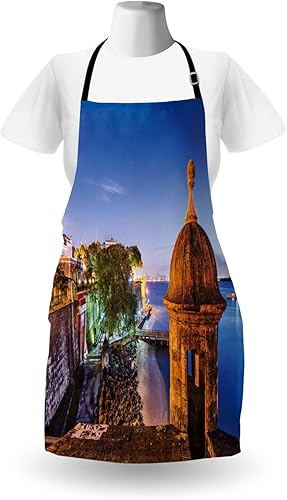 Miniatura 2 de Lunarable Puerto Rico Apron, Coast at Paseo de la Princesa Retro Style Architectural Elements Photography, Unisex Kitchen Bib Apron with Adjustable