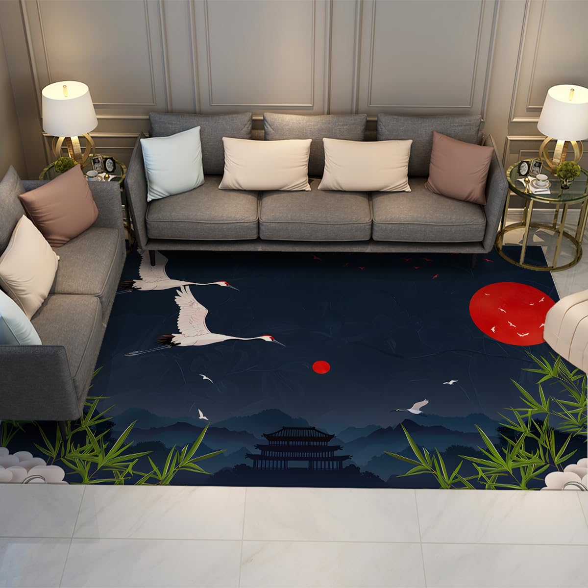 Tapis antidérapant lavable en machine grand format 180x240cm ukiyo-e bleu