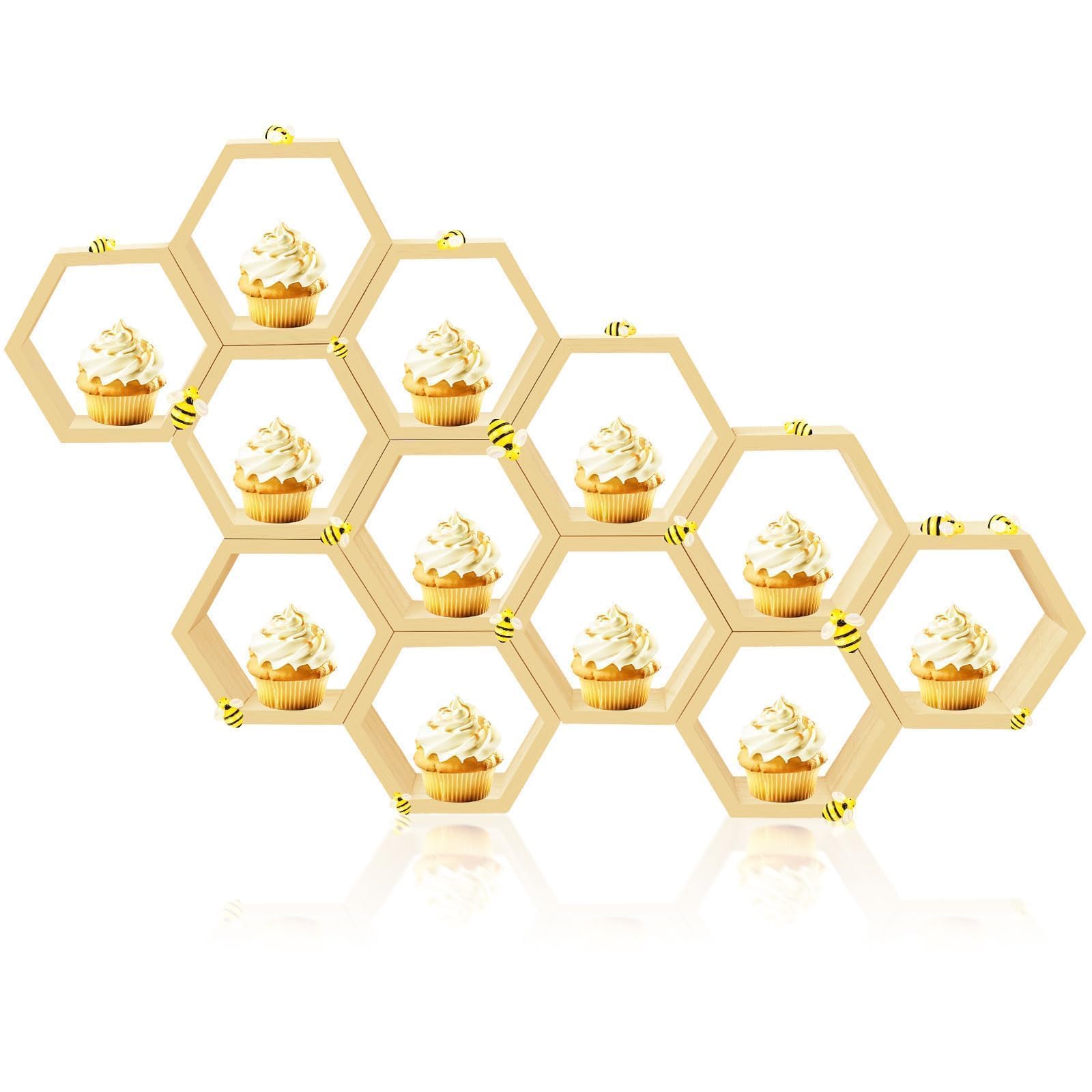 12 Pcs 5.5 Inch Honeycomb Cupcake Stand Cake Farmhouse Hexagon Display Holder Hexagonal Wood Cupcake Stand Floating Table Sign with Wooden Bee for Baby Shower Birthday Party Table Decorations