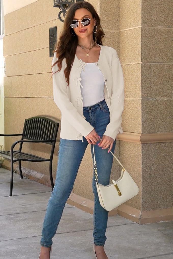 Women's Cardigan Sweaters Bow Button Down Cardigans Fall Fashion Clothes Knit Tie Open Front Coats - Image 5