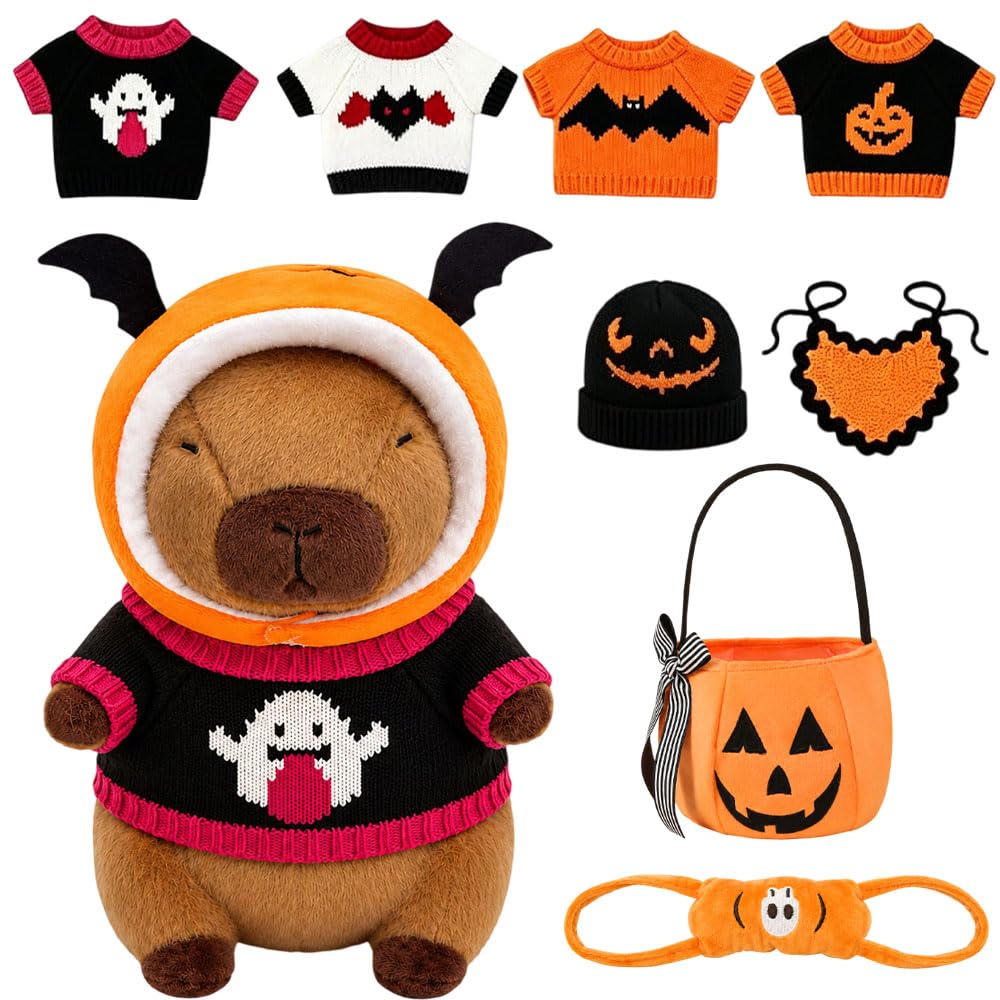 NKFBEV Halloween Capybara Plush with 10 PCS Clothes & Accessories, 25cm Capybara Stuffed Animal, CapybaraPlush Soft Toy, Cute Capybaras Teddy, Dress Up CapybaraStuffed Animal Plush Toys Gift for Kids