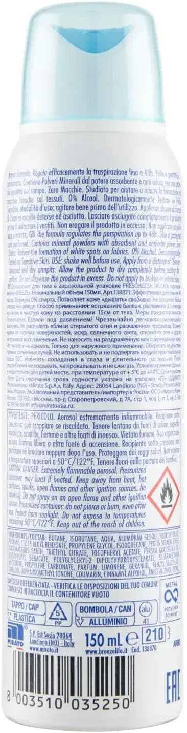 Breeze Freschezza Talcata Testpaket,6x desodorante Spray 150ml + 6x Champú de ducha y gel de ducha 400ml + llavero Beni Culinari gratis