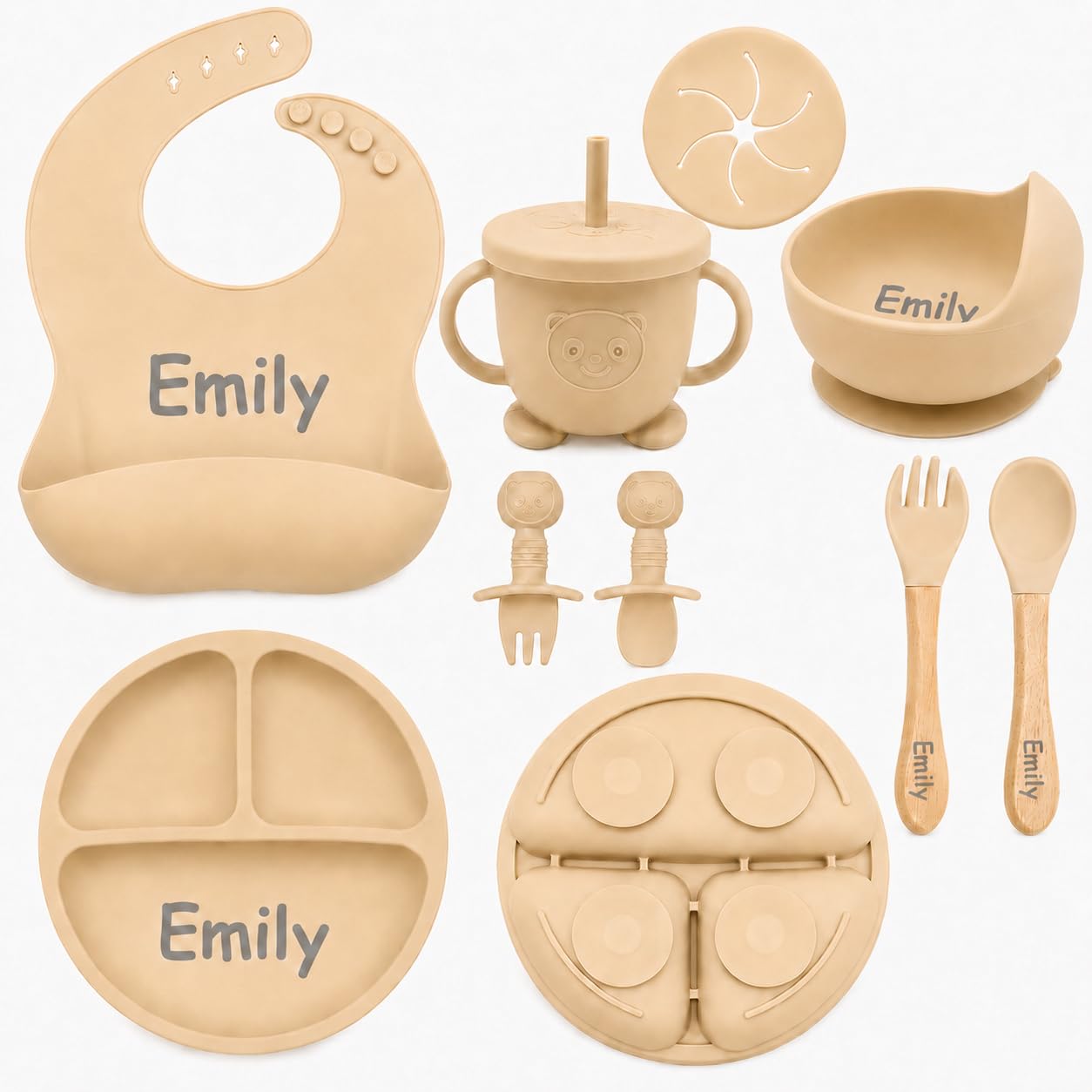 Personalized Silicone Baby Feeding Set with Engraved Name - Custom Baby Bib, Suction Plate, Bowl and Spoon - Silicone Weaning Set - Ideal First Birthday