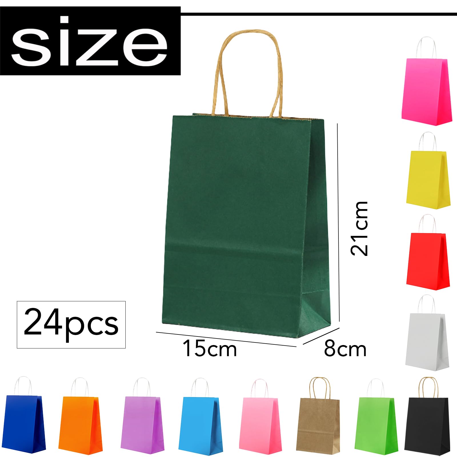 Świąteczne ciemnozielone torby papierowe typu kraft, 16 x 22 x 8 cm, papierowe torby imprezowe z obrotowymi uchwytami, płaskie dno torby typu kraft, grube torby na prezenty na urodziny, wesela,