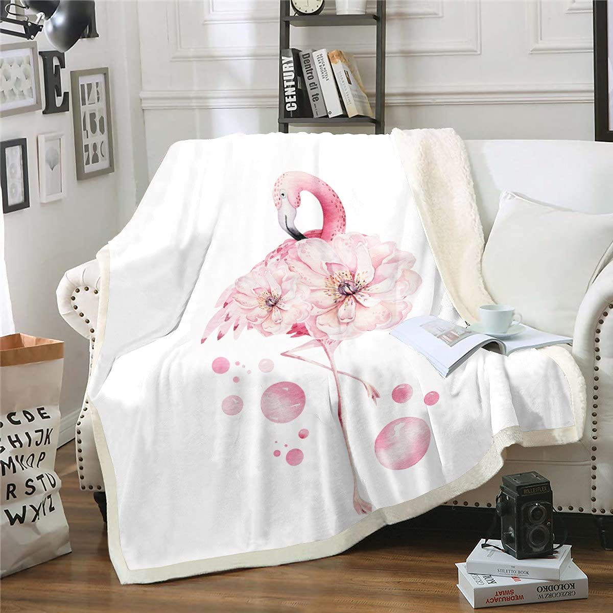 Flamingo Plush Blanket Pink Floral Bird Fleece Throw Blanket for Kids Boys Girls Chic Blooming Flower Sherpa BlanketModern Abstract Art for Sofa Bed,Single 50x60 Inch