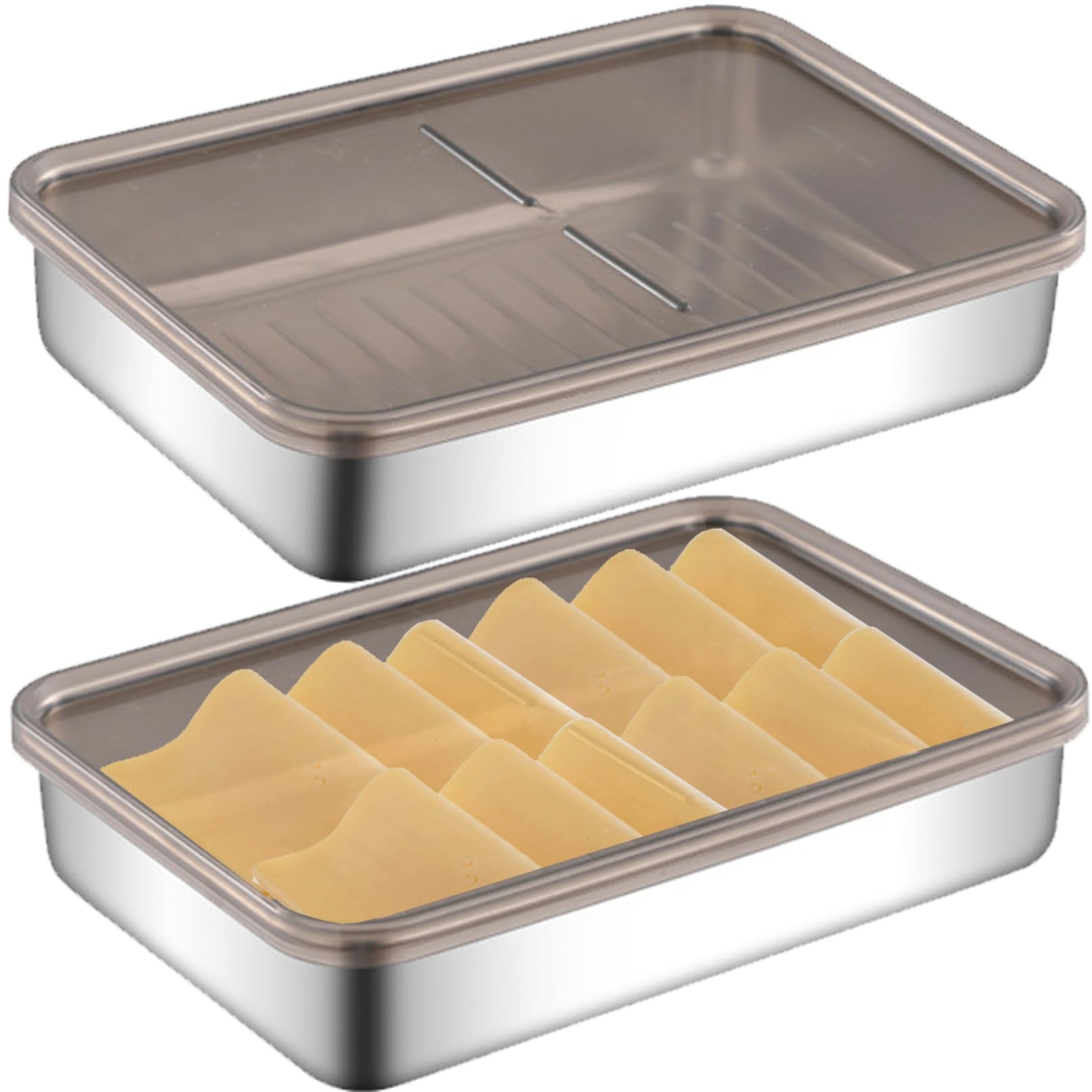 Bacon Container for Refrigerator 2PCS Large Stainless Steel Cheese Container for Fridge No-Stick Stackable Japanese Style Deli Meat Containers with Lids to Keep Food Fresh Style2 Deli Meat Containers