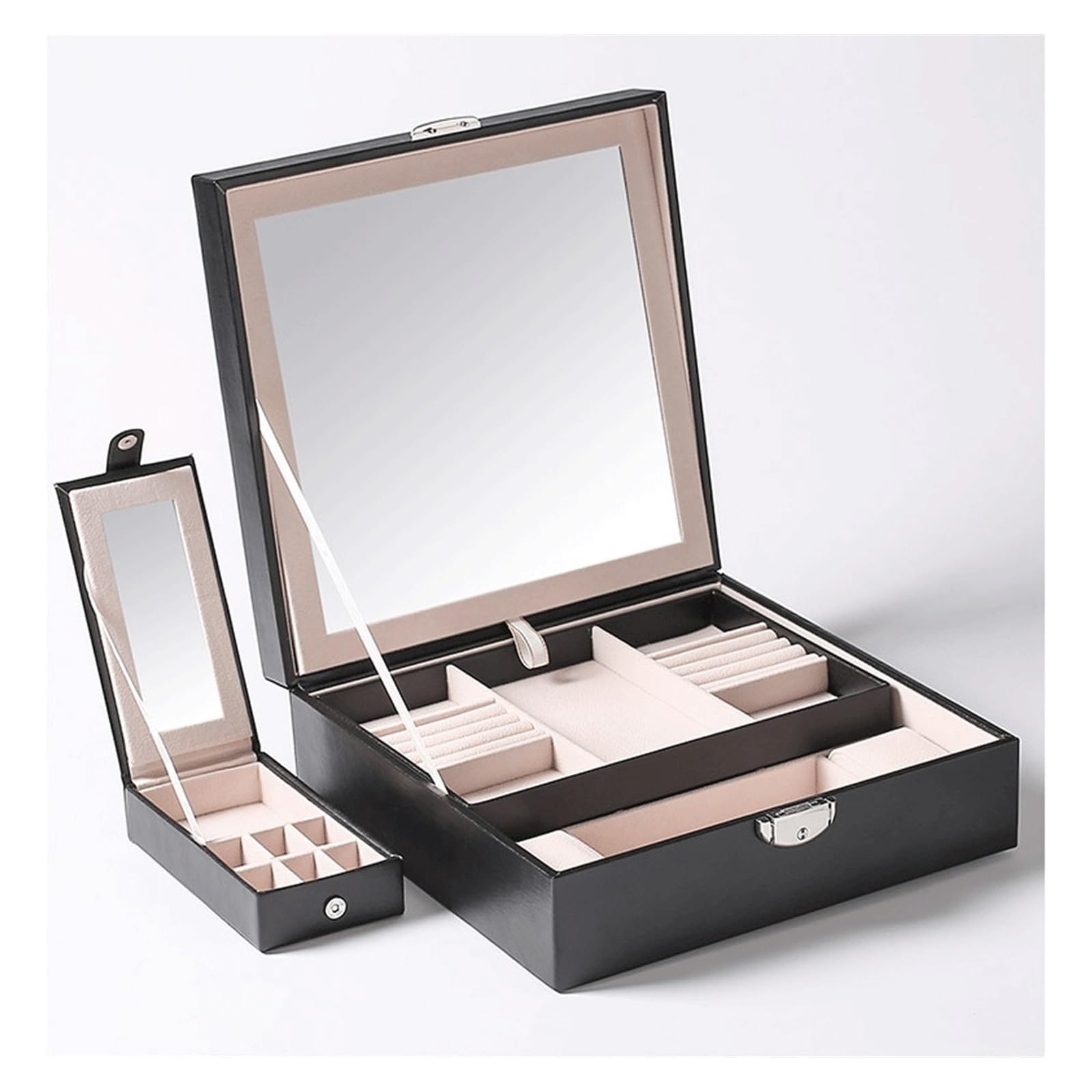 Jewelry Box Organizer Simple Large-Capacity Jewelry Storage Box PU with Large Mirror Detachable Cosmetic Case with Portable Small Jewelry Box Jewelry Organizer Small (A S) (B S)