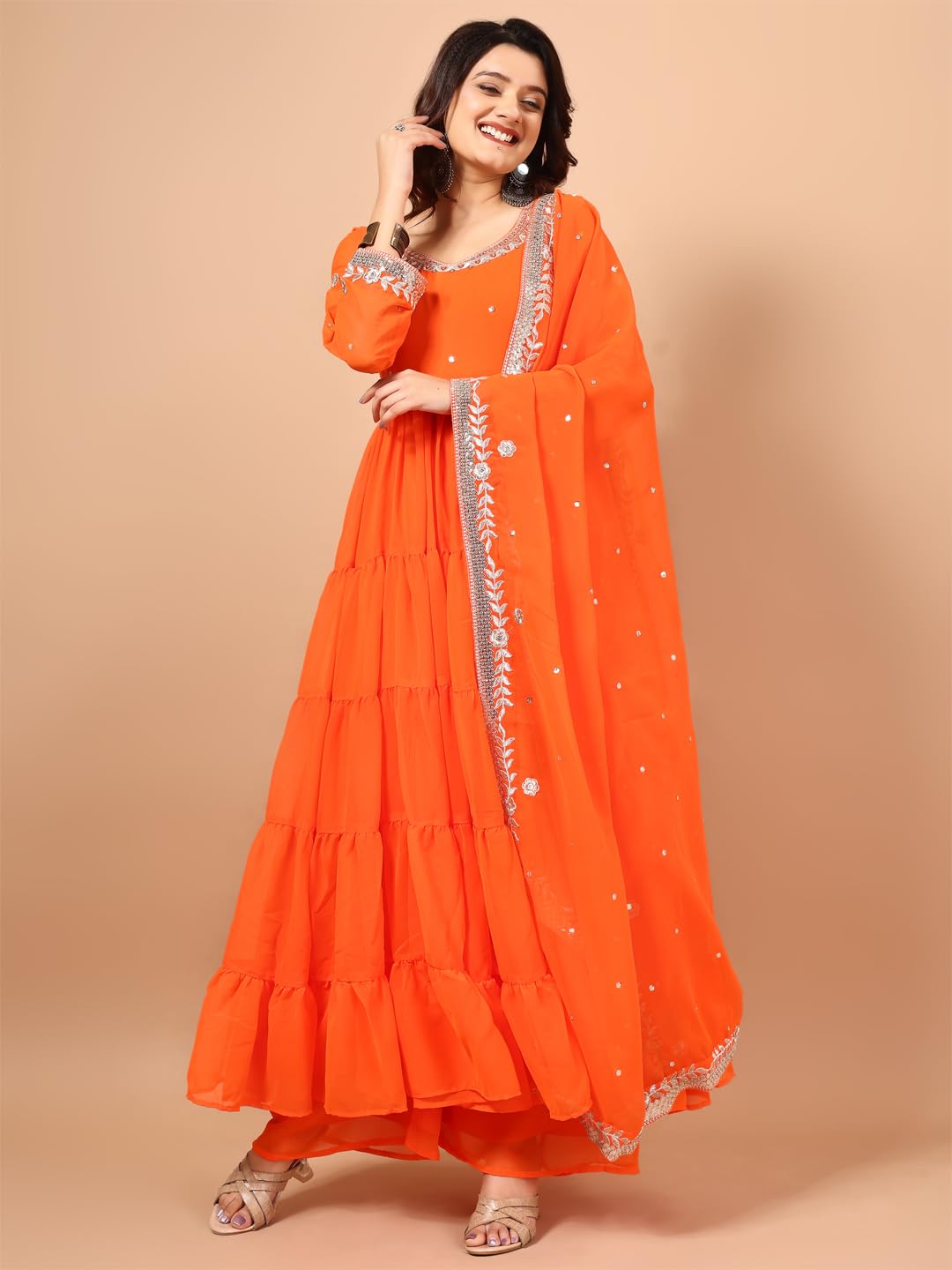 Fashion Basket Georgette Embroidered Anarkali Kurta For Womens (In, Alpha, 2Xl, Regular, Orange)