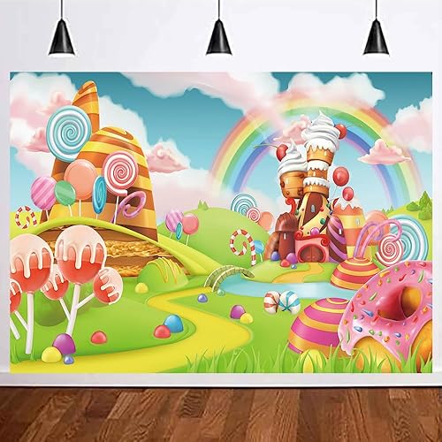 Miniatura 3 de Fondo de helado de caramelo arcoíris de 7 x 5 pies, fotografía de castillo de caramelos, fiesta de cumpleaños, suministros de decoración de dibujos