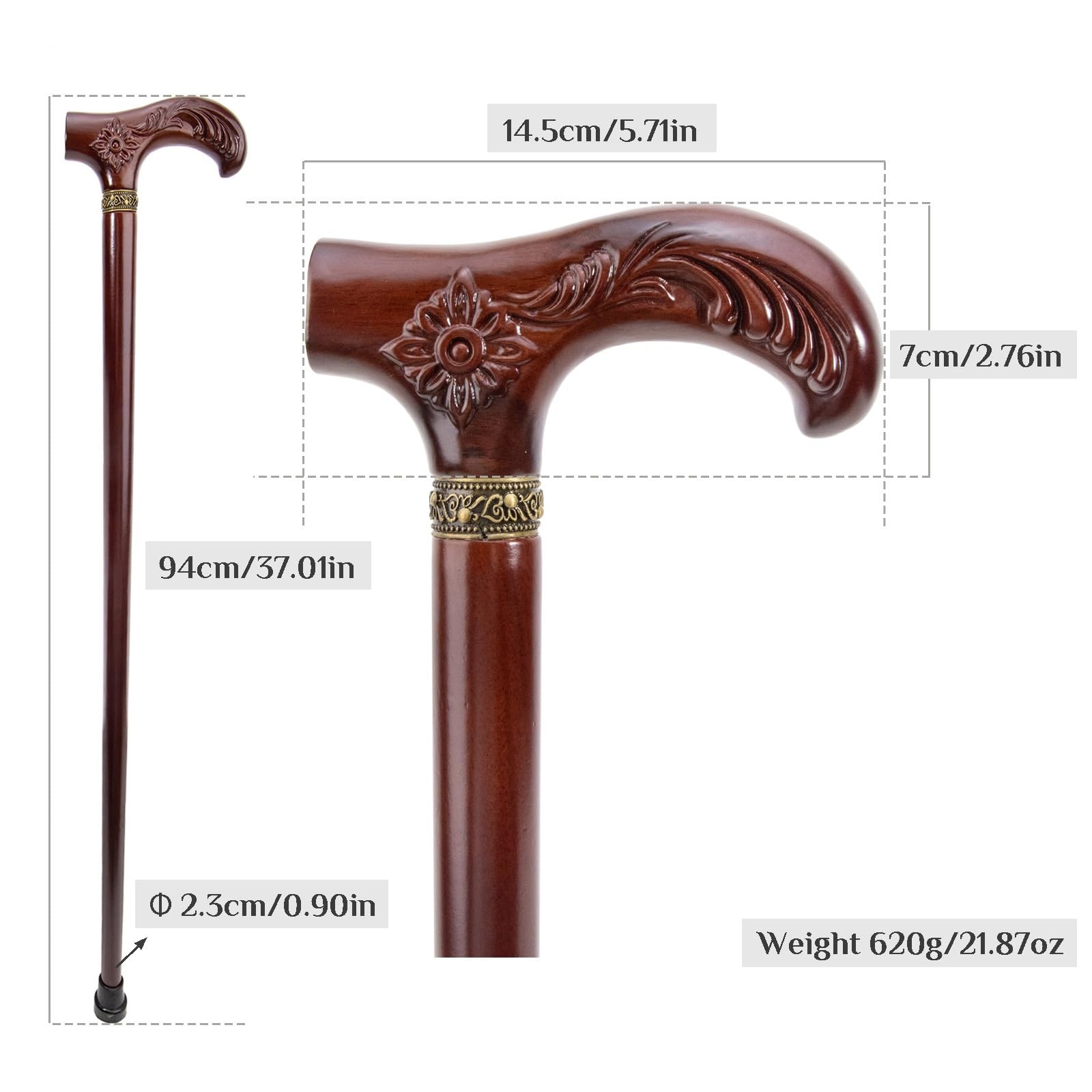 Bastón de Madera, Motivo Floral Tallado a Mano, Unisex, Alta Capacidad de Carga, Mango Ergonómico Confortable, Diseño Elegante