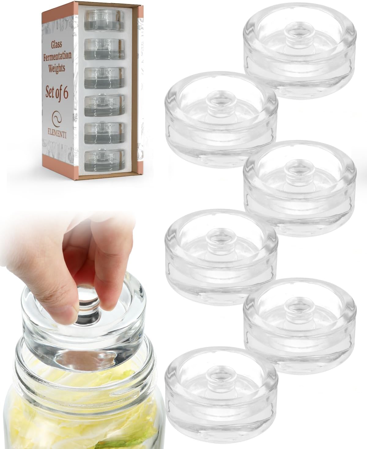 Elementi Glass Fermentation Weights Set of 6 - Easy Grip Glass Fermenting Weights, Perfect Fit for Wide Mouth Mason Canning Jars, Highly Durable Fermentation Kit for Sauerkraut, Kimchi & More