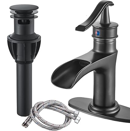 NeierThodore Waterfall Spout Bathroom Sink Faucet Single Handle Brass Basin Mixer Tap One Hole Deck-Mount Vessel Sink Faucet Oil Rubbed Bronze with 6