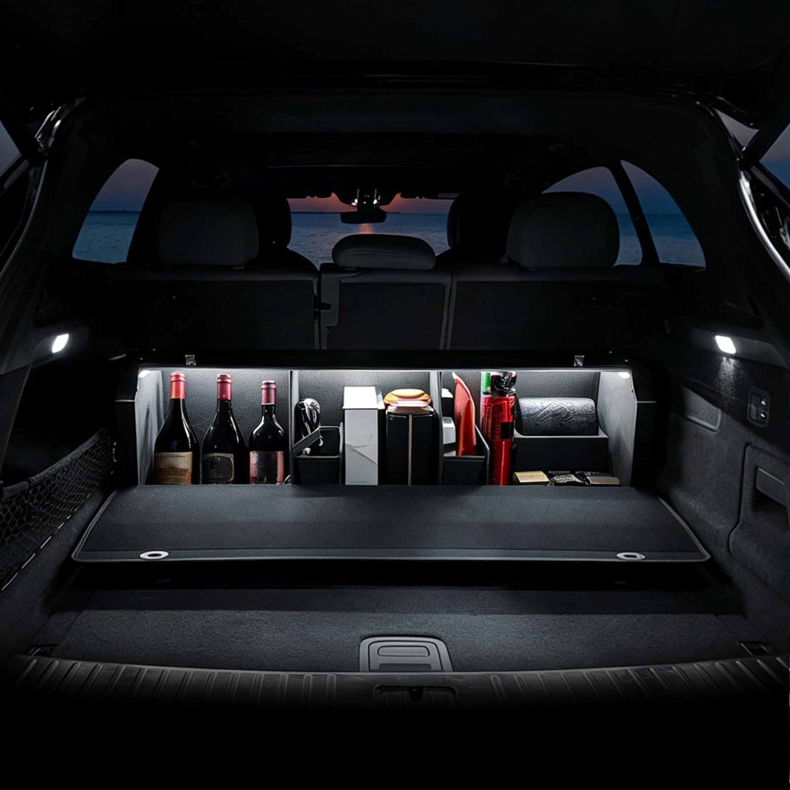 Premium LED Kofferraum Organizer | Intelligente Sensorschalter, NAPPA Leder & ABS-Rahmen, Aufbewahrungsbox mit Deckel & Zuggriff | Batteriebetrieben, Batterien nicht inklusive(94 x 29 x 31 cm)