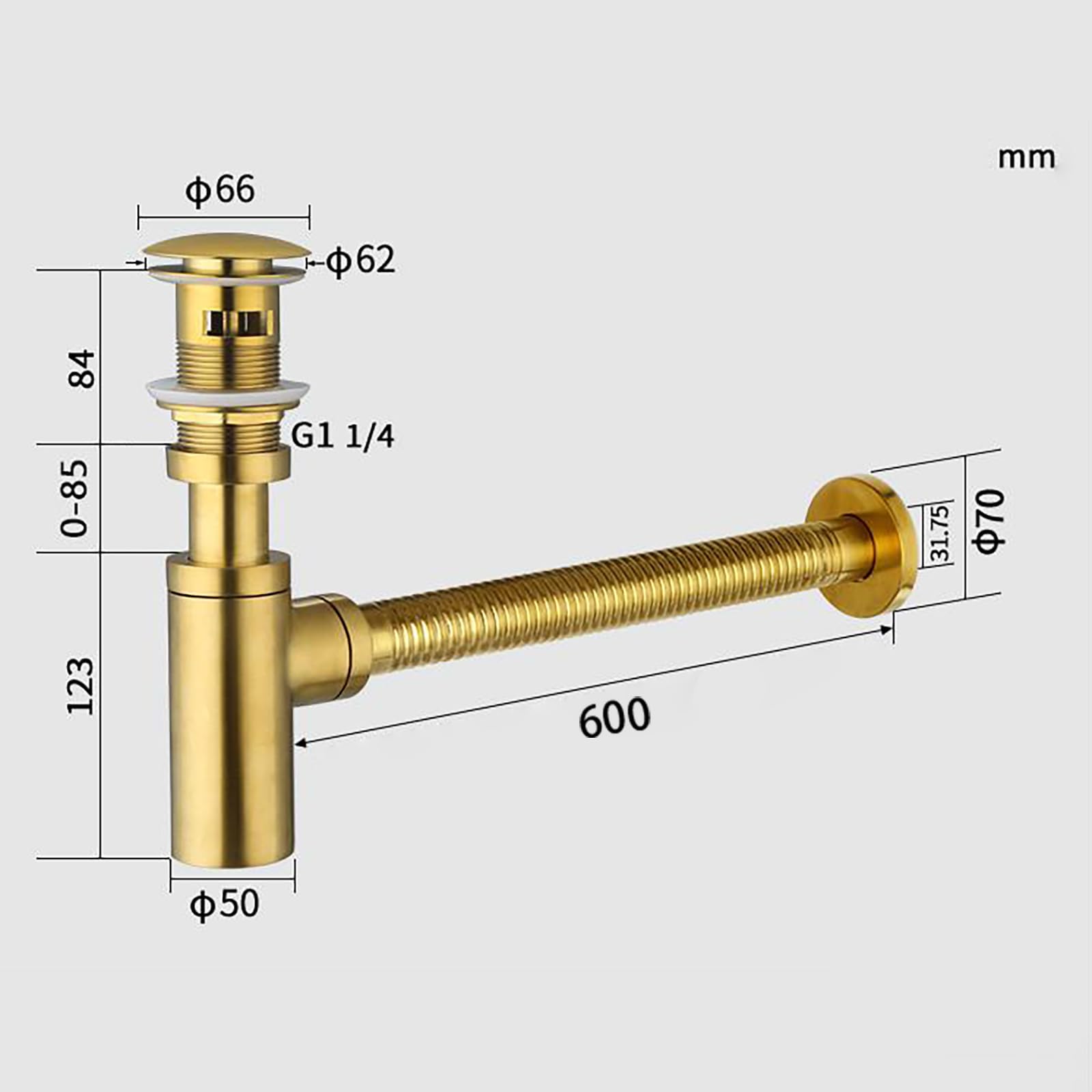 Trampa de residuos para fregadero con sifón de altura ajustable, drenaje desplegable con agujero de desbordamiento, tubo flexible de 1 1/4 pulgadas, control de olores para una fácil gestión de