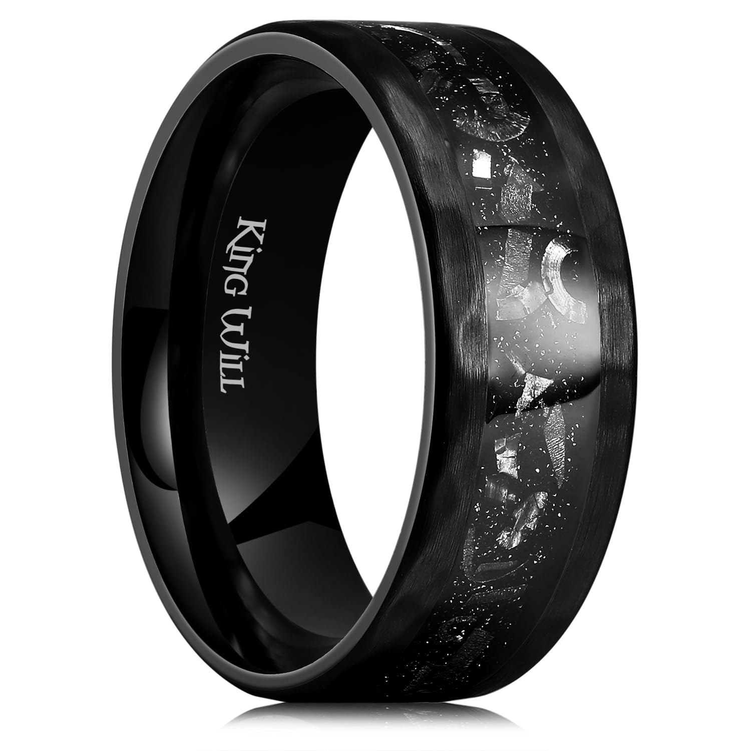 King Will 8mm Mens Wedding Band Titanium Ring for Men Meteorite Inlay Brushed Black Plated Hammered Engagement Ring Daily Wear丨Galaxy Collection