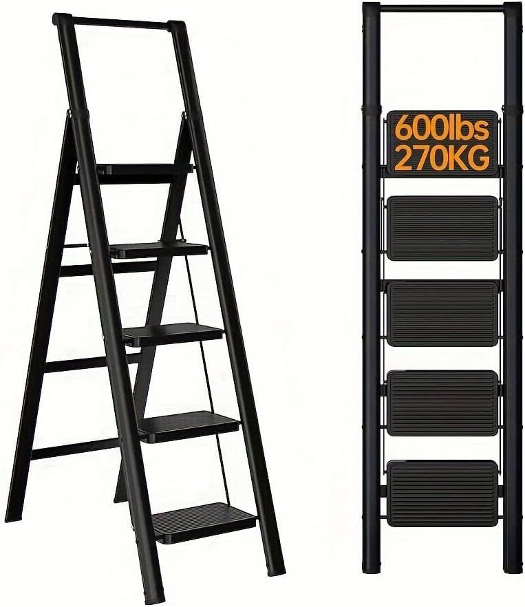 5-Step Folding Step Ladder, Black, Heavy Duty Steel, 600 lbs Capacity, Non-Slip Steps, Space Saving