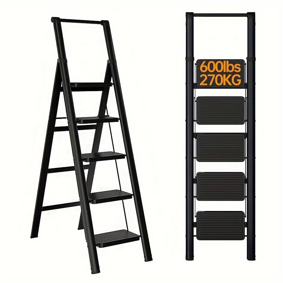 Image of 5-Step Ladder Folding Step Stool, 5-Step Ladder with Anti Slip Wide Pedals, Ladders for Home Kitchen Pantry Office, Lightweight Sturdy Steel Ladder for Adults Portablec