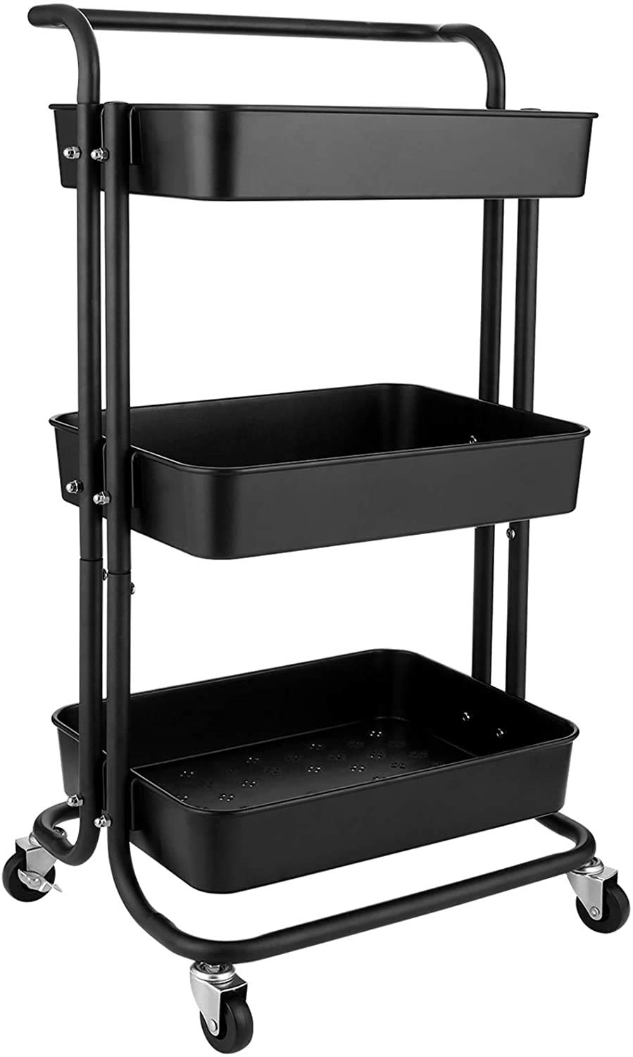 BATHWA 3-Tier Rolling Utility Cart Storage Shelves Multifunction Storage Trolley Service Cart with Mesh Basket Handles and Wheels Easy Assembly for Bathroom, Kitchen, Office (Black)
