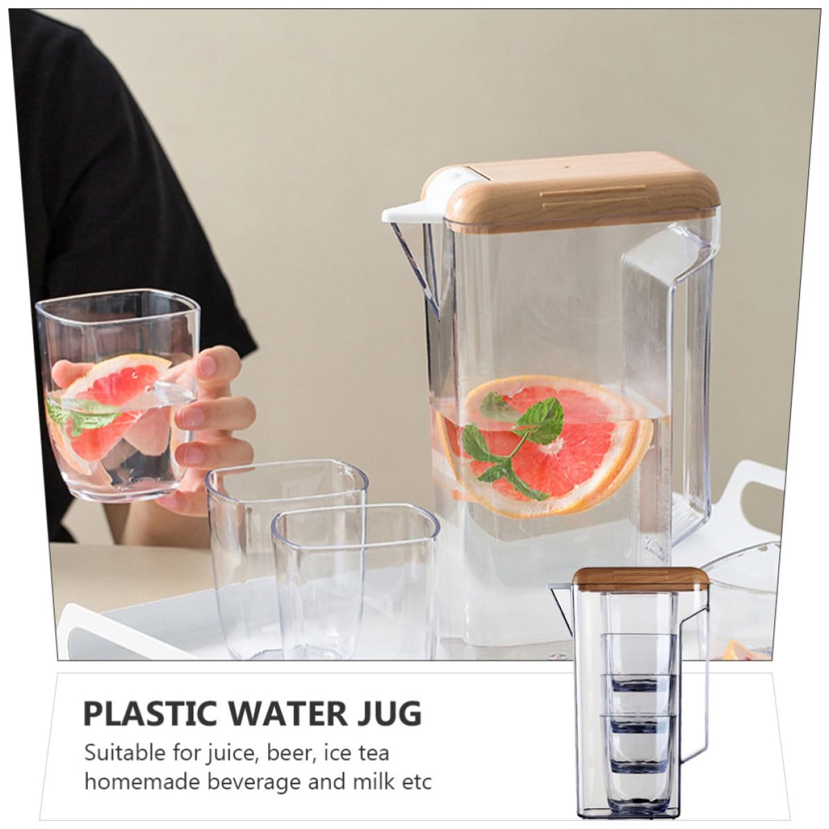Jarra de Agua Fría de Plástico Asa 1600ml y Tapa Madera | As y Pp, Transparente, para Bebida Casera y Té Helado, Uso en Cena o Barbacoa