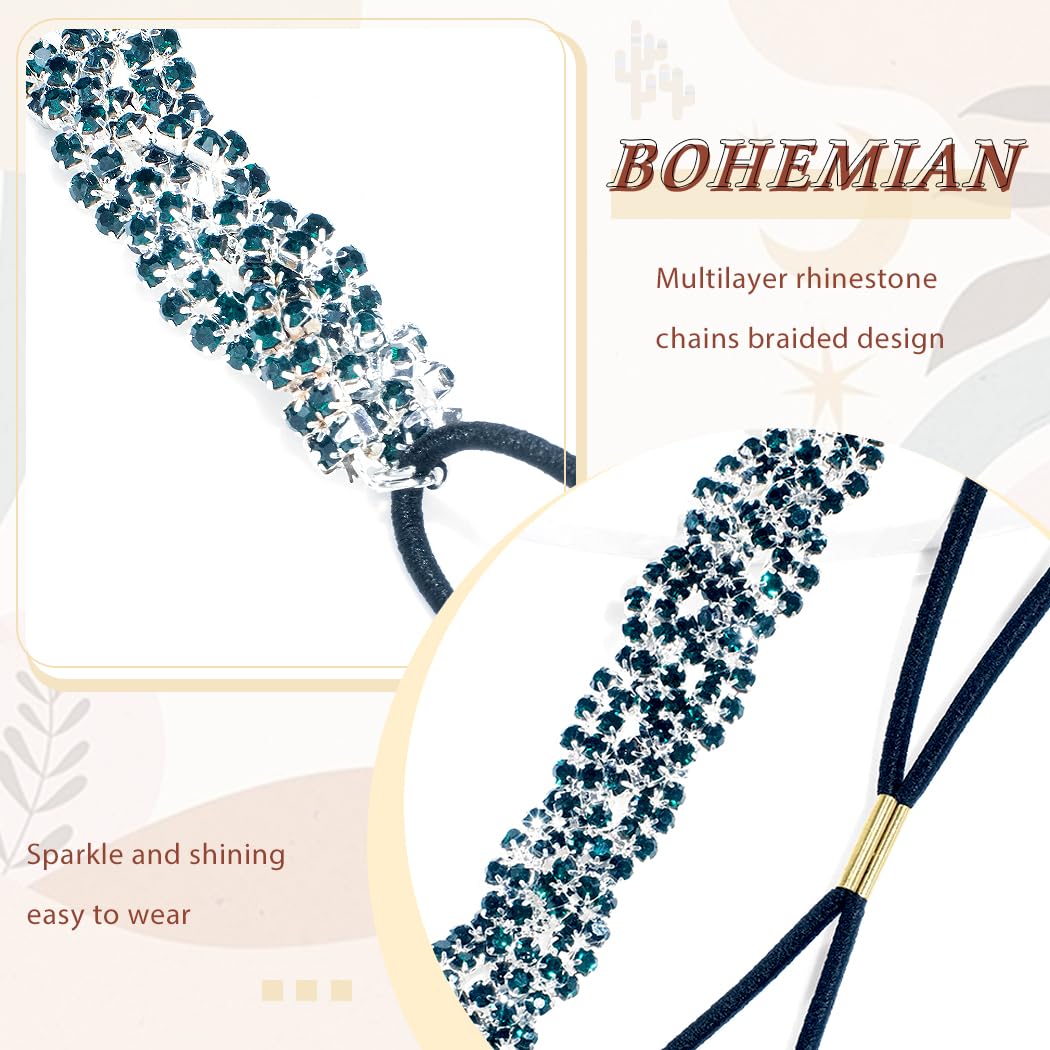 Women's Rhinestone Headbands Sparkly Elestic Hairband Vintage Metal Headbands Sparkly Elegant Party Daily Head Chain (Green, M) - Image 3