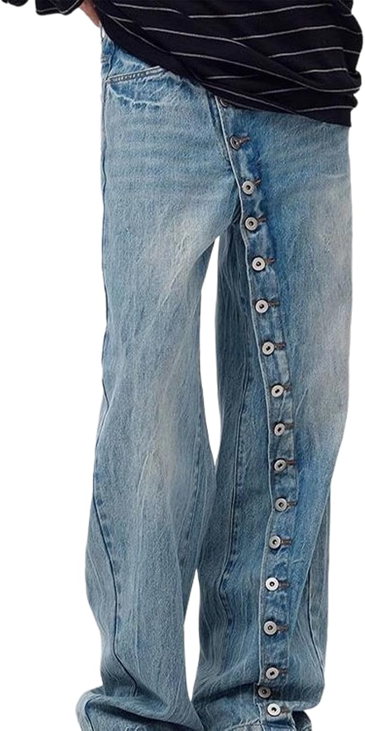 Button Wide Leg Jeans for Women Baggy Button Down Jeans Diagonal Fly Denim Pants Vintage Stylish for Daily Party Streetwear