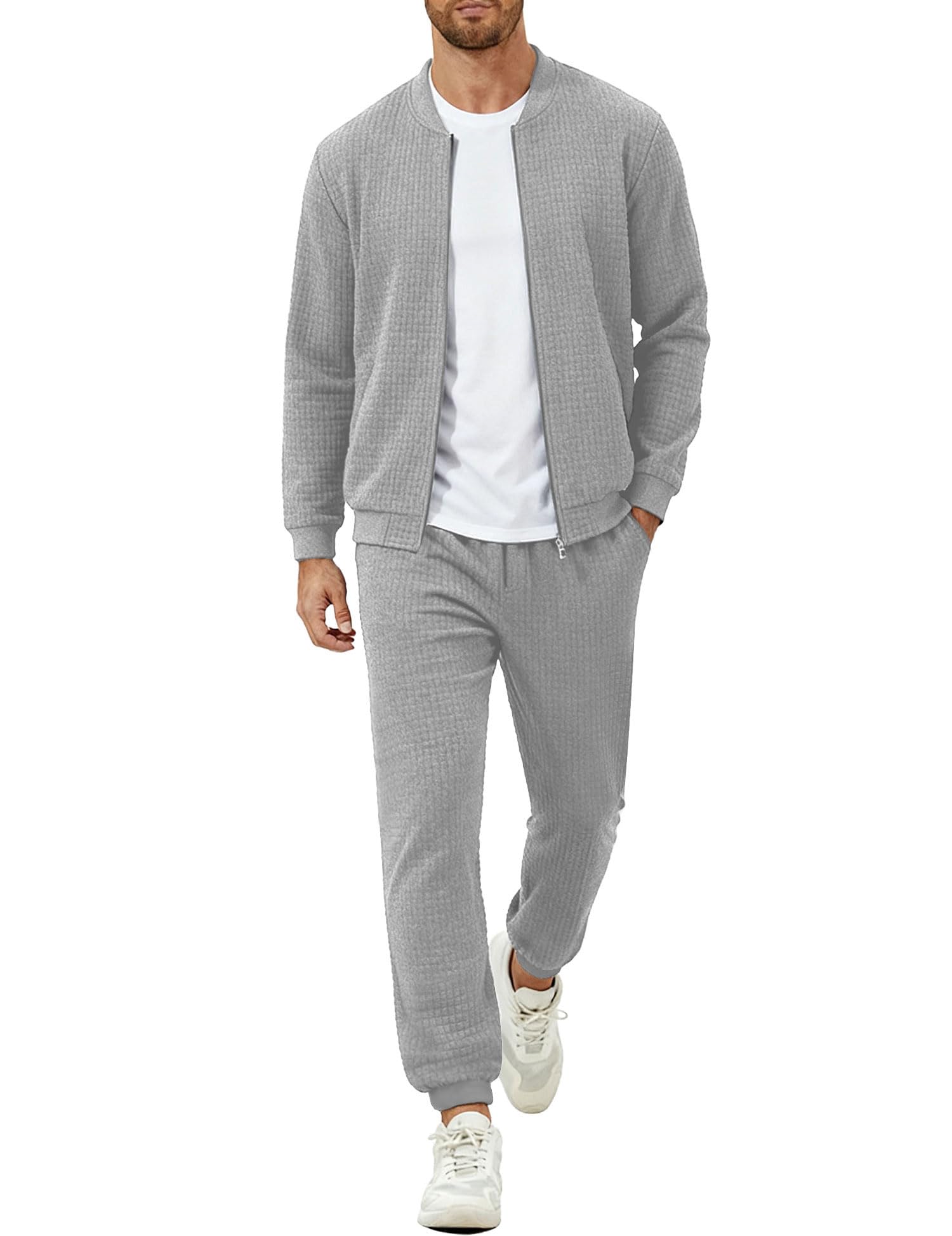 UOUA Men's Tracksuit 2 Piece Sets Casual Sweatsuit with Full Zip Athletic Jogging Suits Waffle Plaid Jacquard Outfits