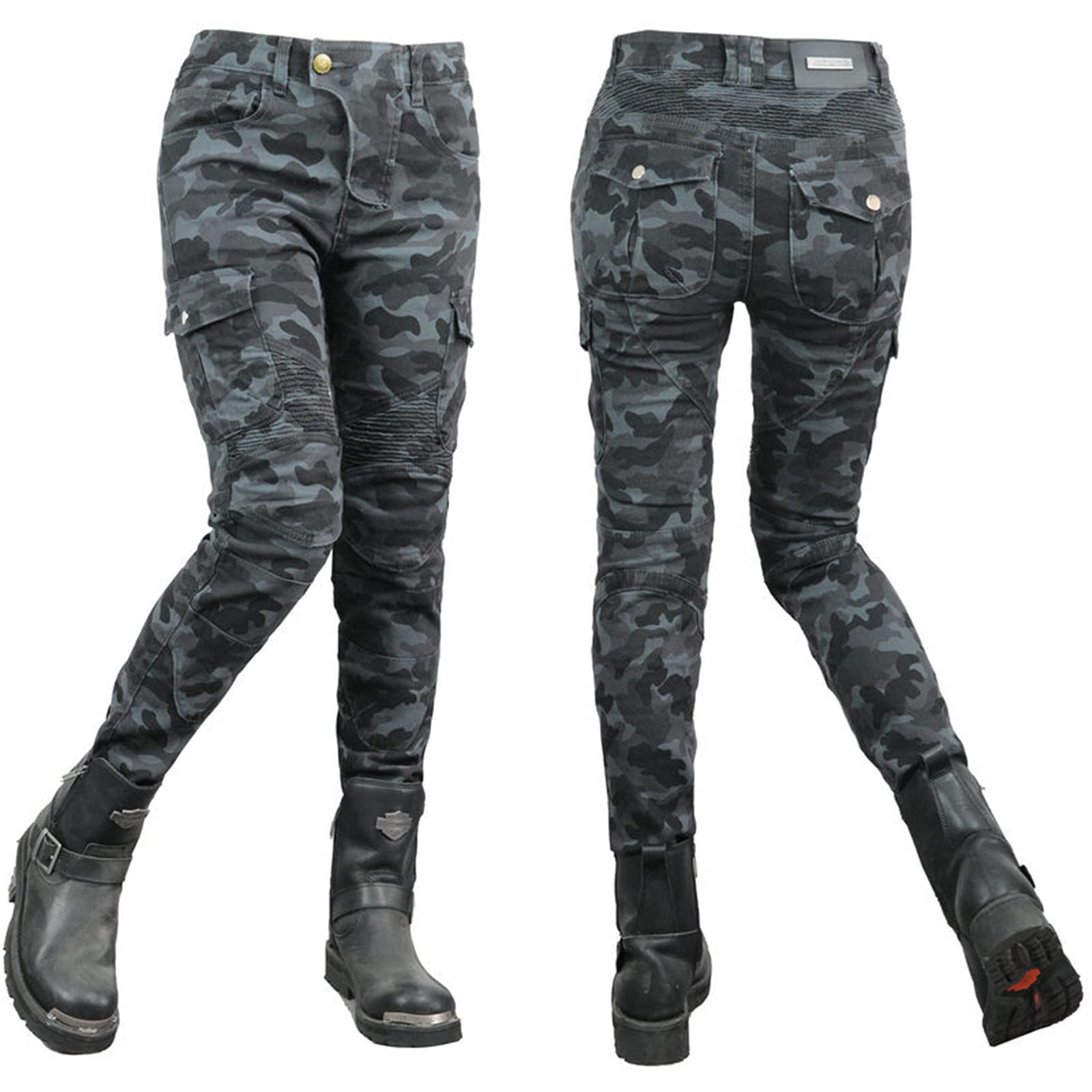 Donna Pantaloni da Moto,Motorcycle Jeans Biker Motociclista Stretch Mimetico Ciclismo Pantalone Multitasche con 2 Protezioni Ginocchia E 2 Protettori Anca