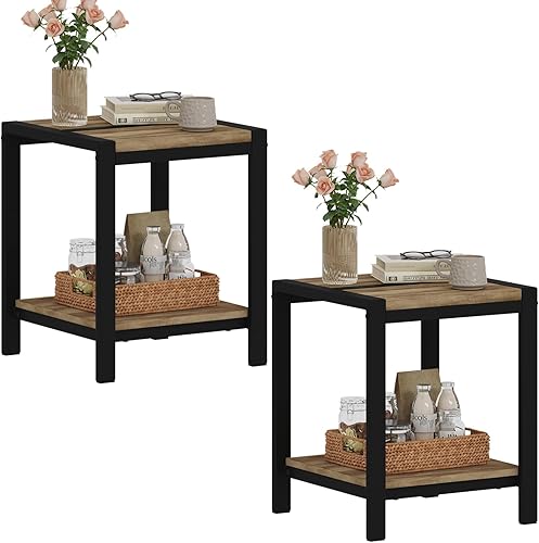 Miniatura 8 de BON AUGURE Mesa auxiliar, mesa auxiliar para sala de estar, mesita de noche pequeña con estante de almacenamiento de 2 niveles, mesitas de noche