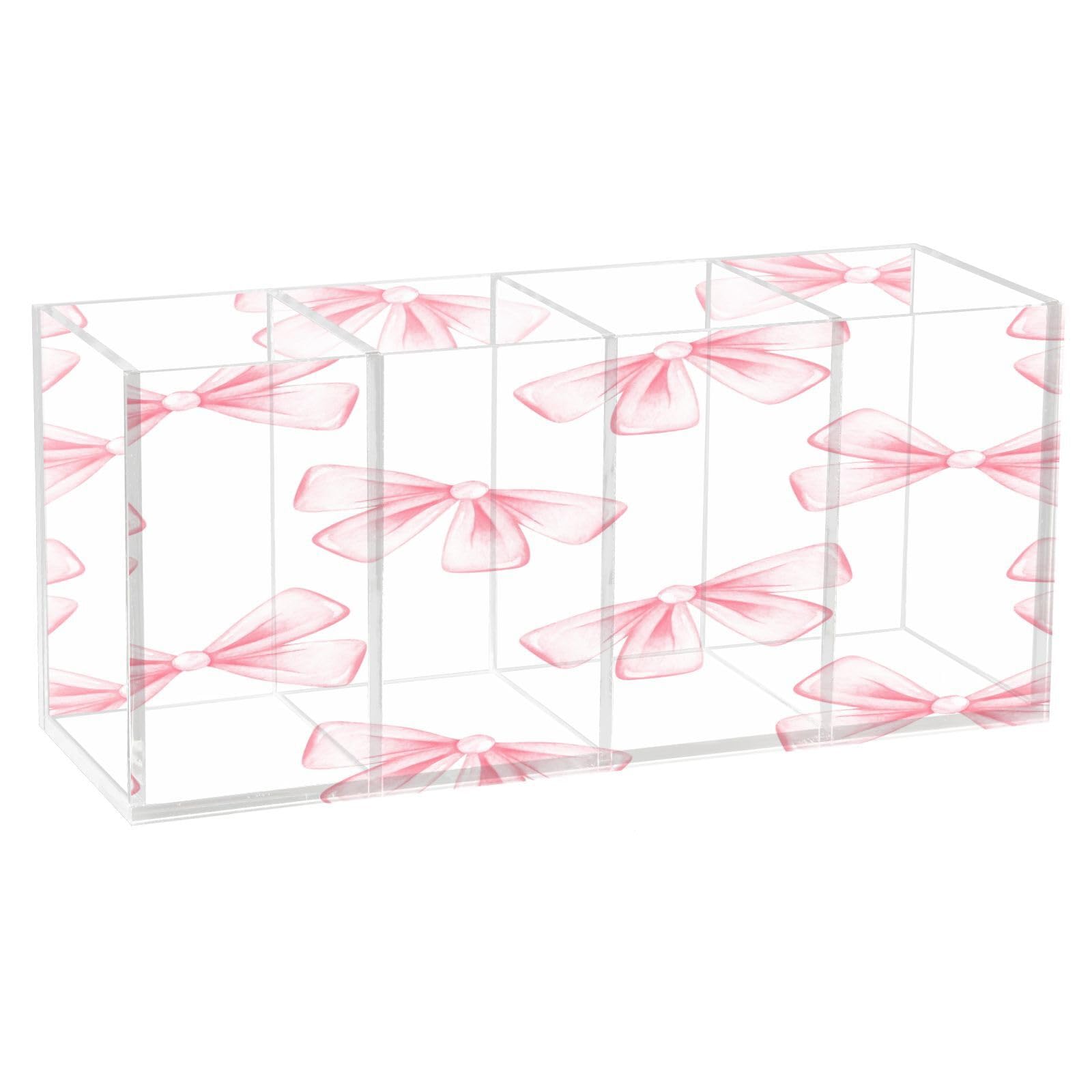Cgiub Pink Bow Acrylic Pen Pencil Holder 4 Compartments Pen Pot for Desk Stationery Storage Organiser Makeup Brushes Holder Office Supplies Desk Accessories