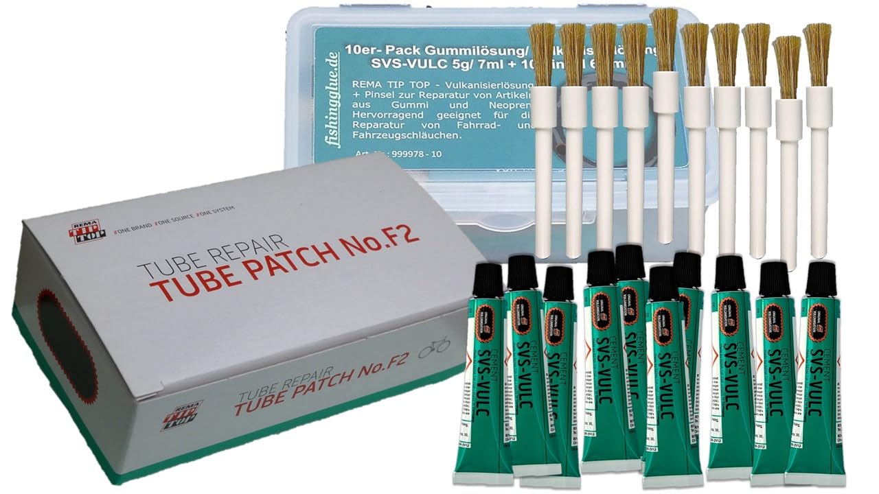 Vulkanisierlösung-​Schlauchflicken-Set No.F2 (50 x 25 mm) | Schlauch-Reparatur-Set mit 100 Flicken Größe F2, 10 Tuben Vulkanisierlösung und 10 Pinseln 68 mm lang