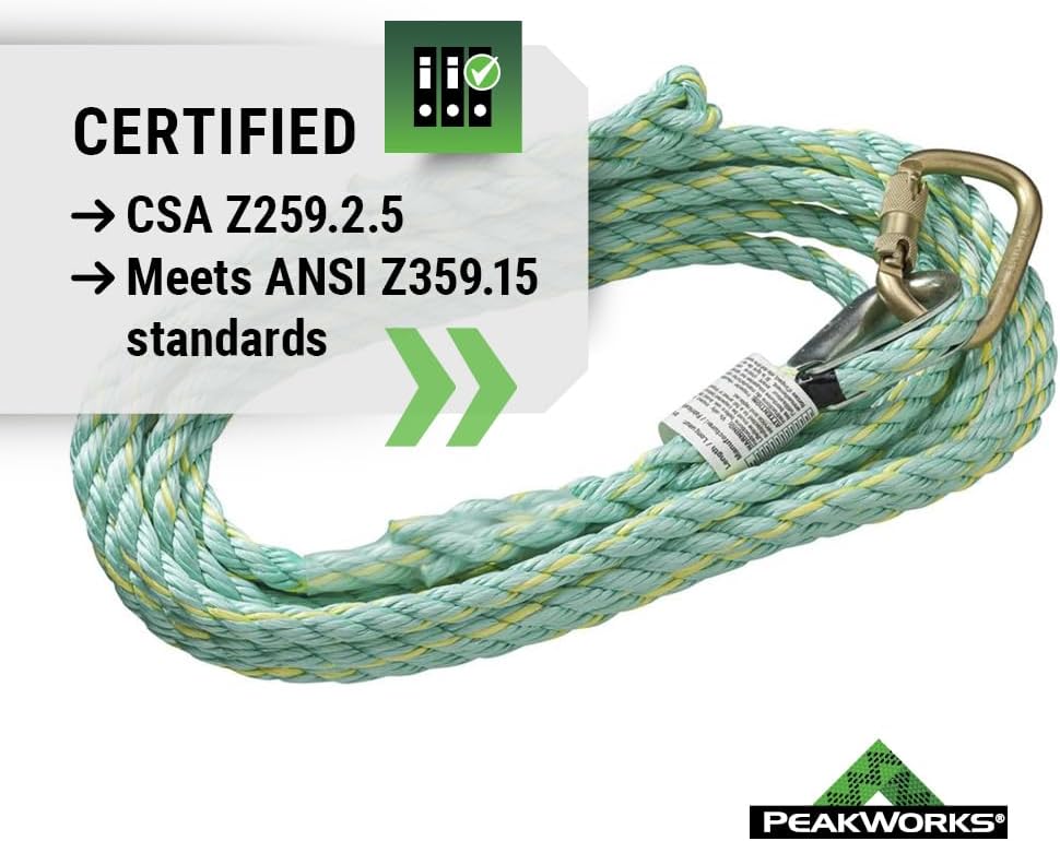 Peakworks Premium Vertical Lifeline - Fall Protection Polysteel 5/8" Diameter Rope Made for Construction, Roofing, Rock/Tree Climbing - ANSI & OSHA Compliant (Multiple Lengths & Anchor End Styles)