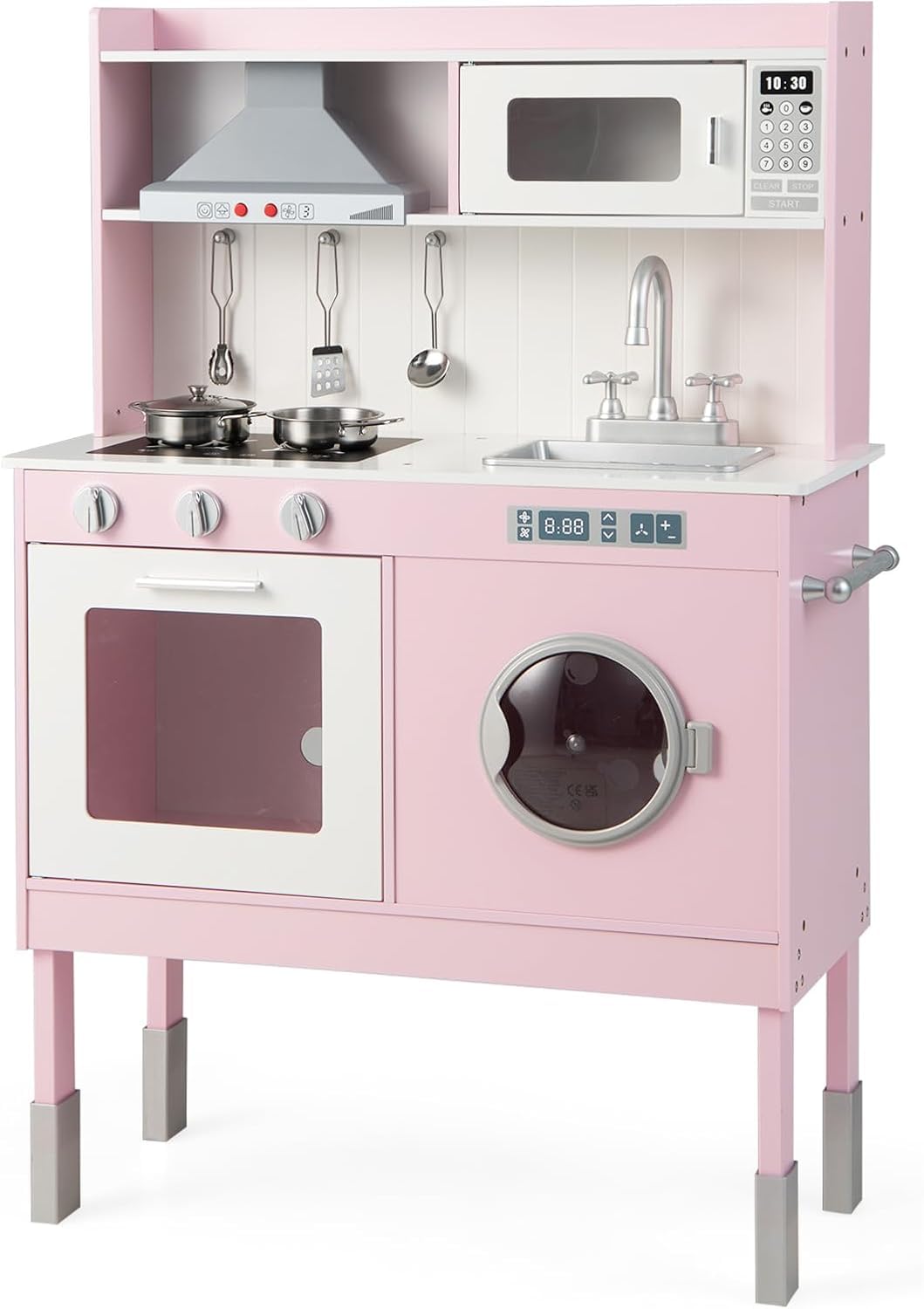 RELAX4LIFE Cocina Juguete con 5 Accesorios y Altura Ajustable 95/99/101cm, Cocinita Infantil con Luces y Sonidos Reales, Espacio de Almacenaje, Cocinita de Madera para Niños 3-8 Años (Rosa-Mini)