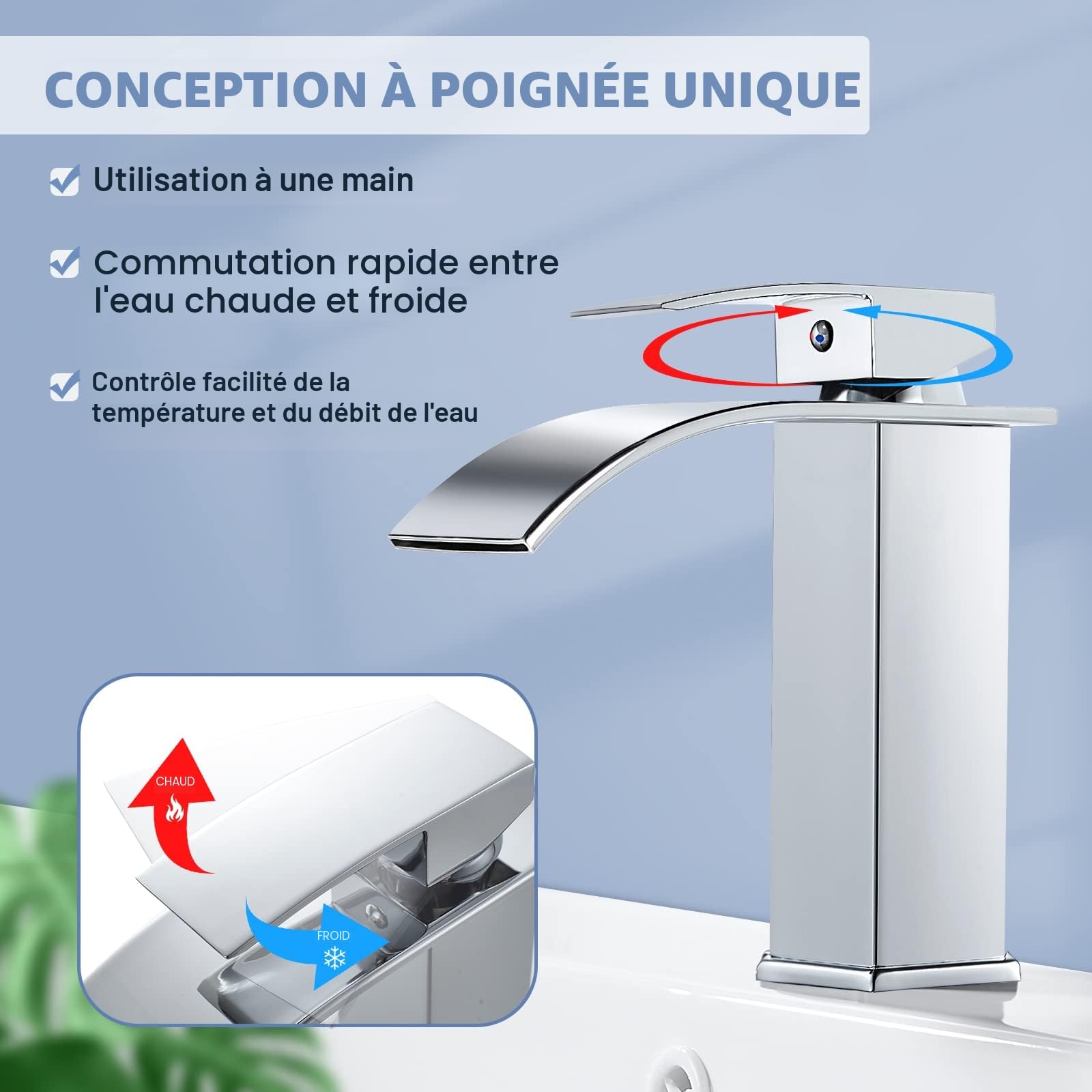 kisimixer Moderne Robinet Salle de Bain Cascade, Design Elégant Robinet Lavabo, Mitigeur Cascade, Eau Chaude et Froide Disponible, Robinetterie Chromé G 3/8, Mitigeur Lavabo sans Tirette de Vidage