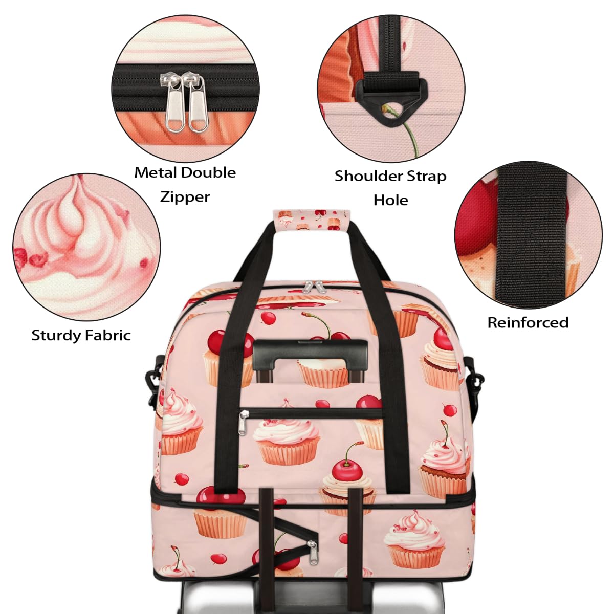 Borsone da viaggio pieghevole con motivo torta di ciliegie, borsa da palestra espandibile con scomparto per scarpe, borsa da weekend di grande capacità, borsa da viaggio per sport, viaggi notturni