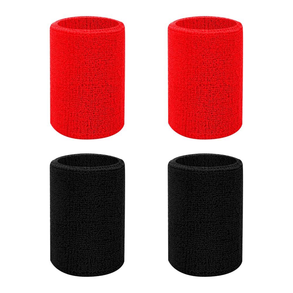 4 Pcs 15 cm Elastic Wrist Sweatbands Long Stretchy Wristbands Sweat Absorbent Wristband Breathable Athletic Wrist Bands Moisture Wicking Wristbands Solid Color Sports Sweatbands Black Red