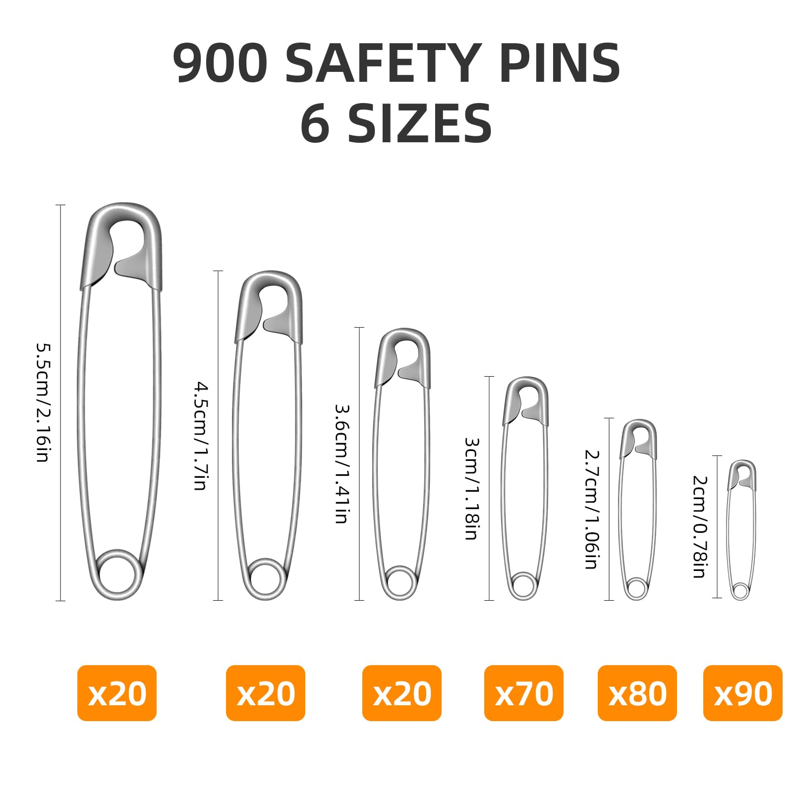 Kiperline 900 spille da balia, 6 misure, da 18 a 53 mm, resistenti alla ruggine, resistenti alla ruggine, per abbigliamento, artigianato, cucito, (argento + nero + oro)