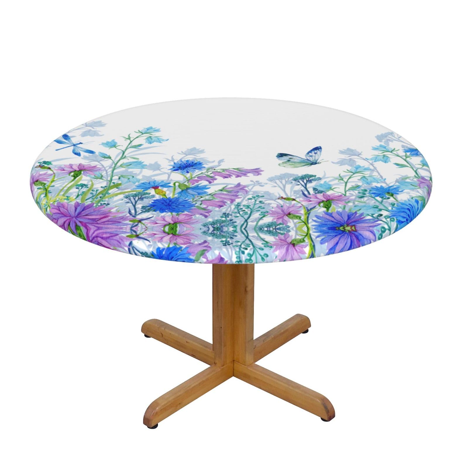 ESNAIUVCD Dragonfly and Flowers print Waterproof Round Tablecloth,Outdoor Table Cloth with Elastic Edged, Elastic Tablecloth Wipeable, Garden Table Cloth Suitable for sizes 90cm-140cm