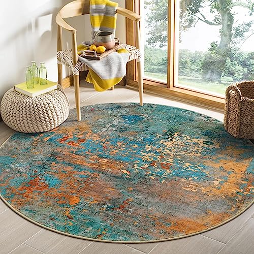 Lahome Modern Abstract Round Rug - 4Ft Colorful Rugs for Entryway Small Bathroom Rugs Washable 4x4 Circle Mat, Contemporary Indoor Floor Accent Carpet for Kitchen Bedroom Family Room Decor