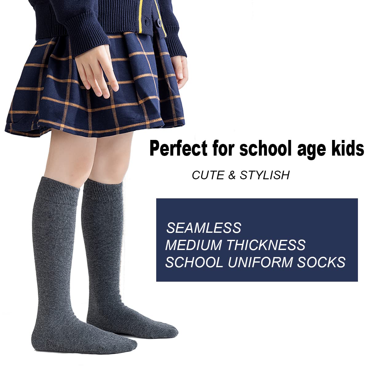 Marchare Calcetines hasta la rodilla para niñas, uniformes escolares, calcetines de algodón sin costuras, color blanco, negro y gris, paquete de 3/6