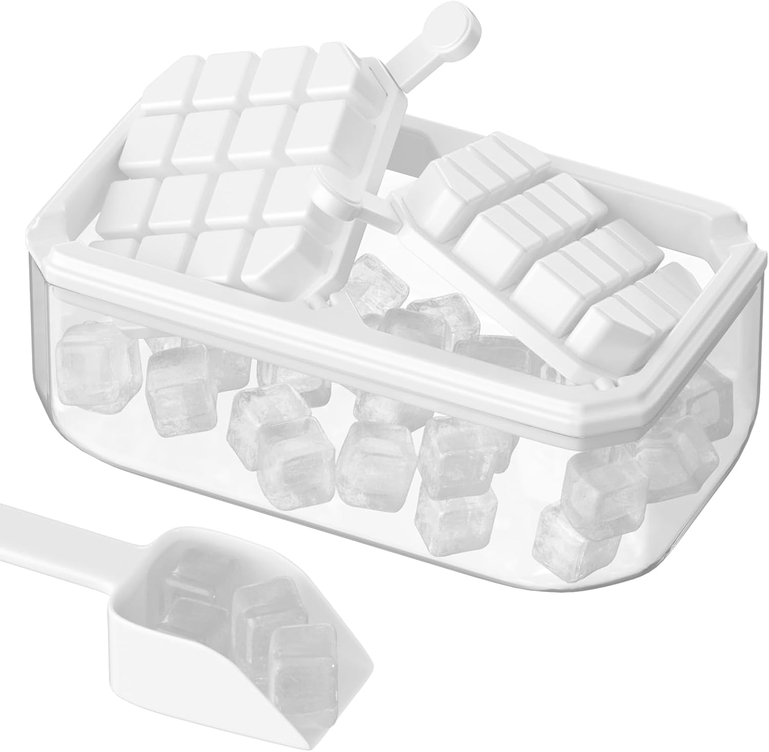 Ice Cube Tray with Lid & Storage Bin, One-Touch Release Ice Cube Mold with 32 Mini Cubes, Contamination-Free Design, Food-Grade for Cocktails, Coffee, Drinks (White)